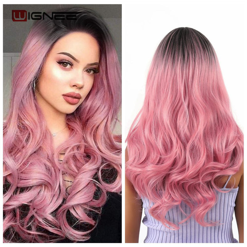 Wignee Synthetische Perücke mit rosa Haaren, lange gewellte Perücken, hitzebeständig, für Frauen, Alltag/Party, natürliche schwarze bis braune/lila/aschblonde Perücke