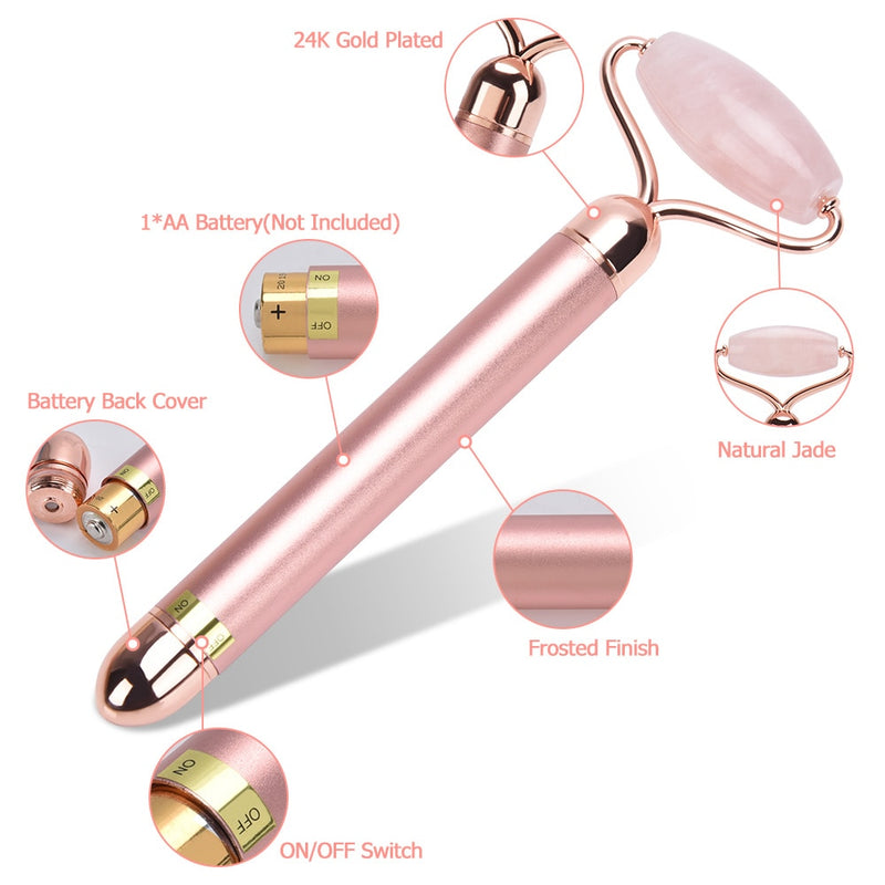 2 in 1 Electric Jade Roller Natural Rose Quartz Vibrating Massager Face Lift Slimming Wrinkle Removal Skin Tightening