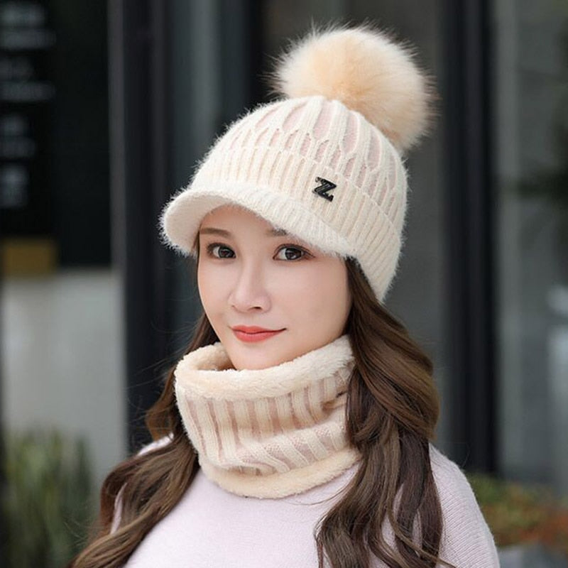 Winter knitted Beanies Hats Women Thick Warm Beanie Skullies Hat Female knit Letter Z Bonnet Beanie Caps Outdoor Riding Ski Sets