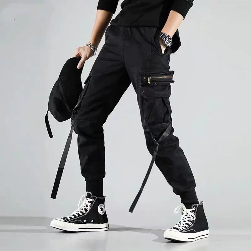 Herren Seitentaschen Haremshose 2022 Herbst Hip Hop Lässige Bänder Design Männliche Joggerhose Mode Streetwear Hose Schwarz