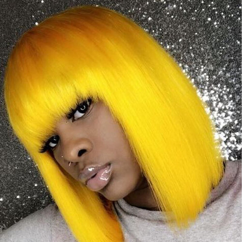 Glueless Short Human Hair Perücken mit Pony BEAUDIVA doheroine Blond Gelb Lila Brasilianisches glattes Haar Blonde kurze Bob-Perücken