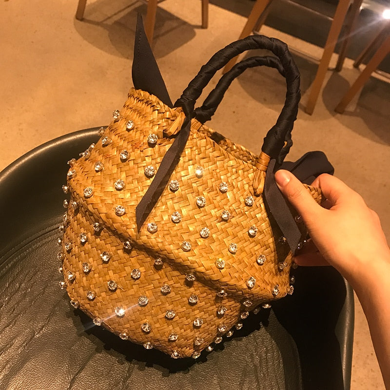 Handmade Sewing Holiday Fashion Crystal Woven Basket Diamond Clutch Bag Luxus Handtaschen Damen Taschen Designer Hot Straw Handtaschen
