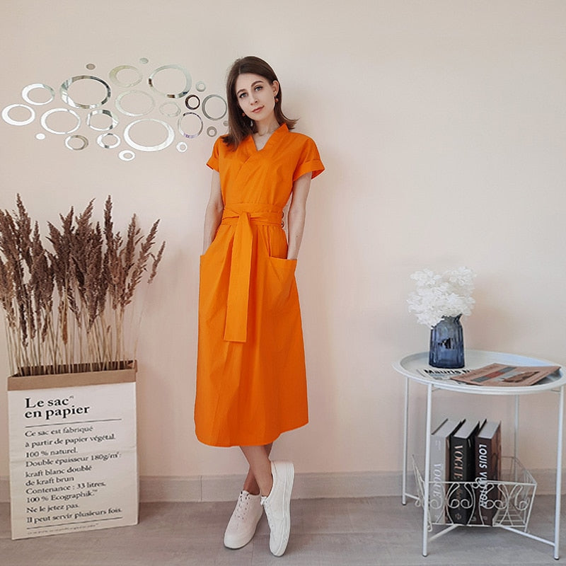 Office Lady Women Casual Sashes A-Line Dress Ladies Short Sleeve V-Neck Summer Dress 2022 Fashion Midi Party Dress Vestidos