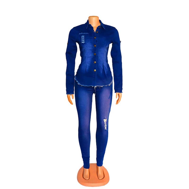 Casual Jeans Anzug Frauen Denim Zweiteiler Blau Langarm Jeans TopLong Hosen Schlank Trainingsanzug Outfits 2020 Frühling Herbst OL