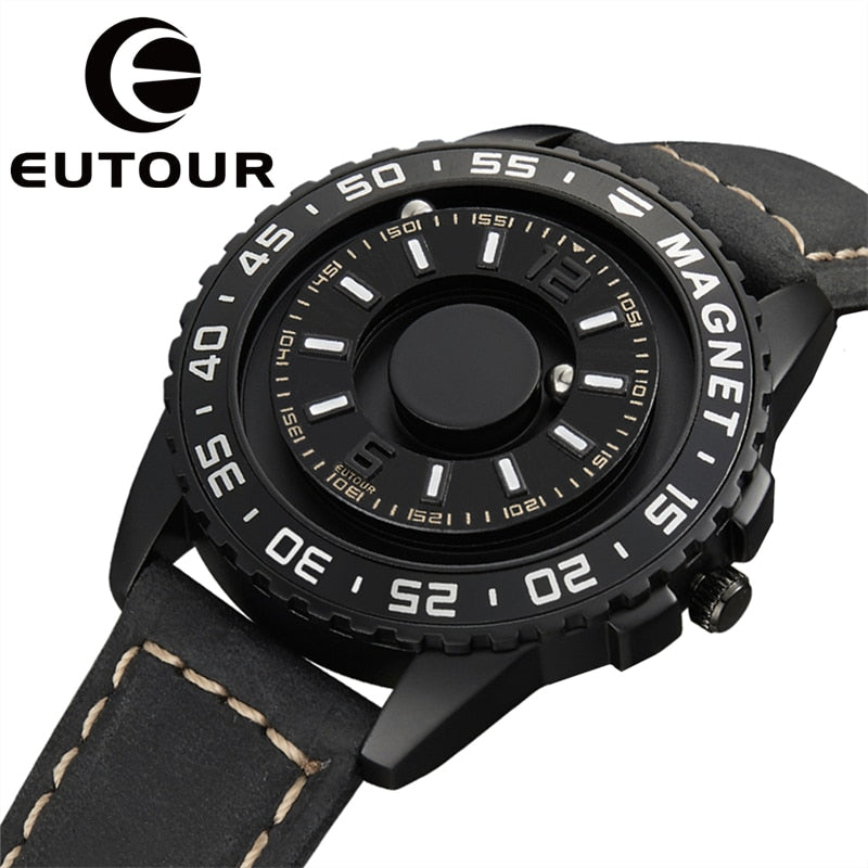 EUTOUR Original brand new magnetic black technology no pointer  men's and women's high-end quartz watch leather strap