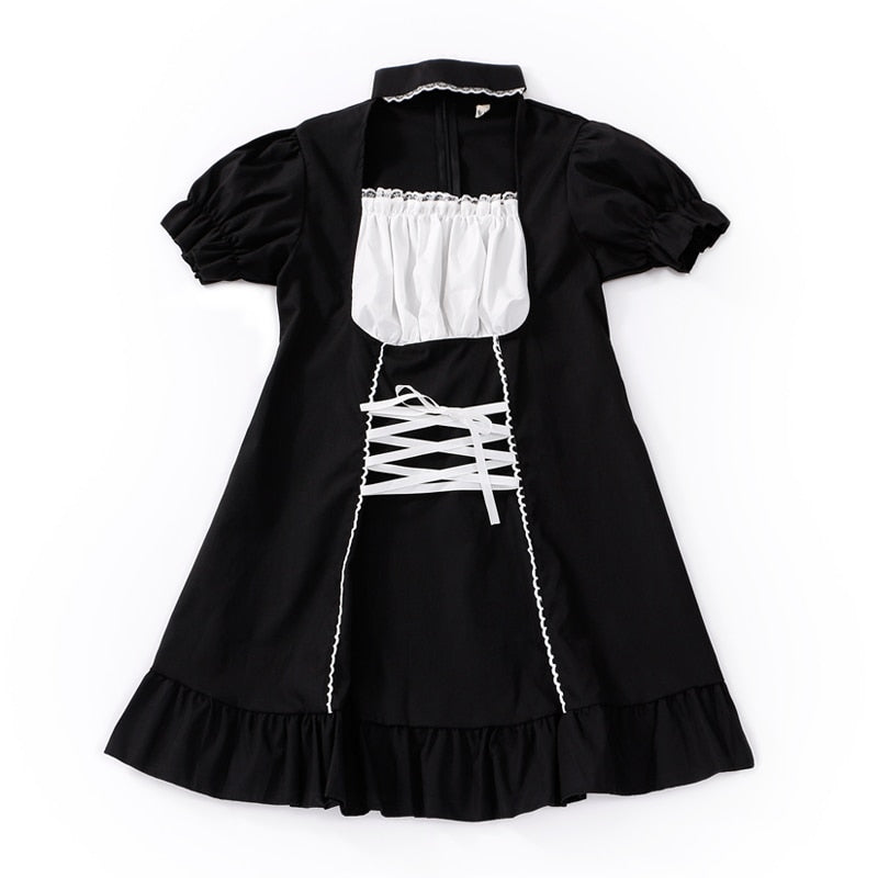 QWEEK Goth Maid Dress Kawaii Gothic Milkmaid Lolita Outfit Cosplay E Girl Puff Sleeve Bandage Dress 2021 Mall Goth Emo