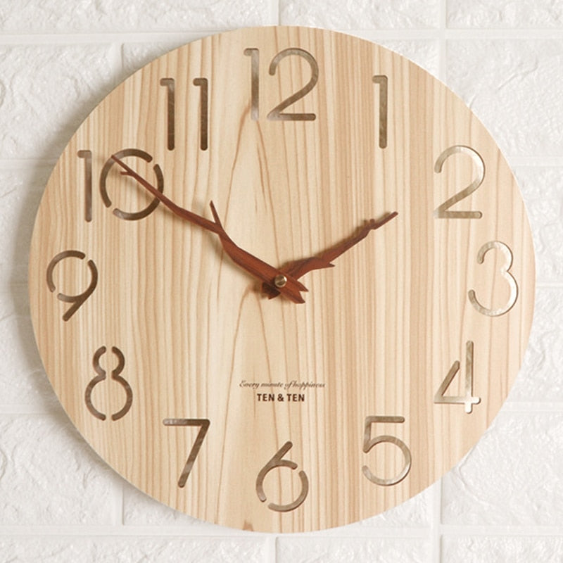 Reloj de pared 3D de madera, diseño moderno, decoración nórdica para habitación de niños, reloj de cocina, reloj de pared hueco artístico, decoración del hogar de 12 pulgadas