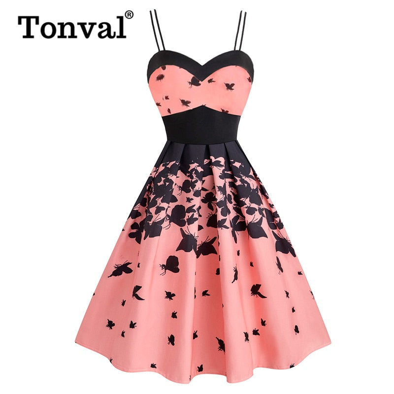 Tonval Pink 50S Vintage Butterfly Print Elegant Party Pleated Summer Dress Women Double Strap Fit and Flare High Waist Dresses