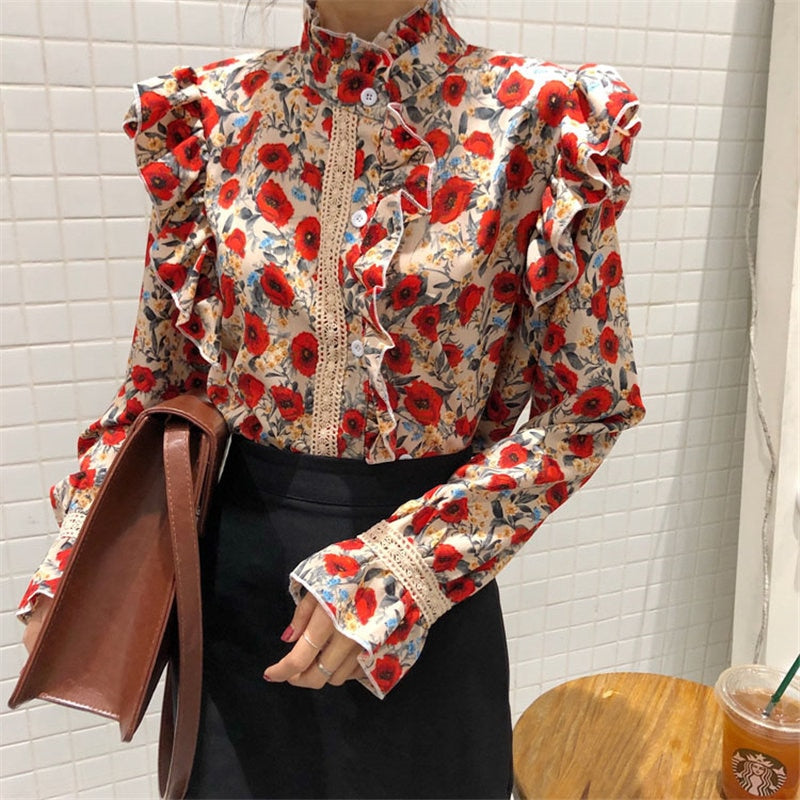 Alien Kitty Pleated Florals Stand Feminine Hollow Out Chic 2020 All-Match Sweet Flare Sleeves Women Loose Office Lady Blouses