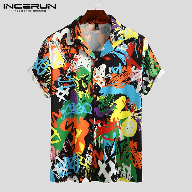 Camisa estampada de verano para hombre, ropa de calle de manga corta con cuello vuelto, camisas hawaianas holgadas elegantes para hombre, Camisa de vacaciones INCERUN 2022