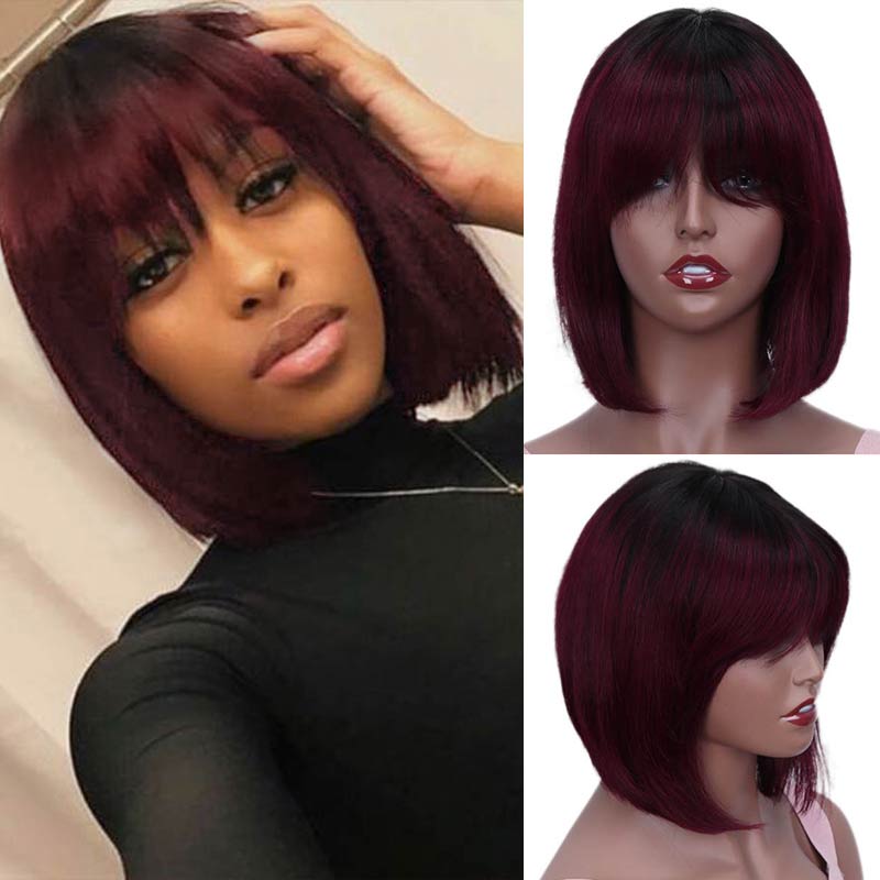 Short Bob Wig With Bangs Straight Brazilian Remy Hair Wigs For Women Human Hair Glueless Full Machine Made Cheap Human Hair Wigs