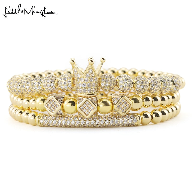 Luxury colorfast  stainless steel beads Royal King Crown Charm CZ Ball Men Bracelet mens bracelets &amp; bangles for Men Jewelry