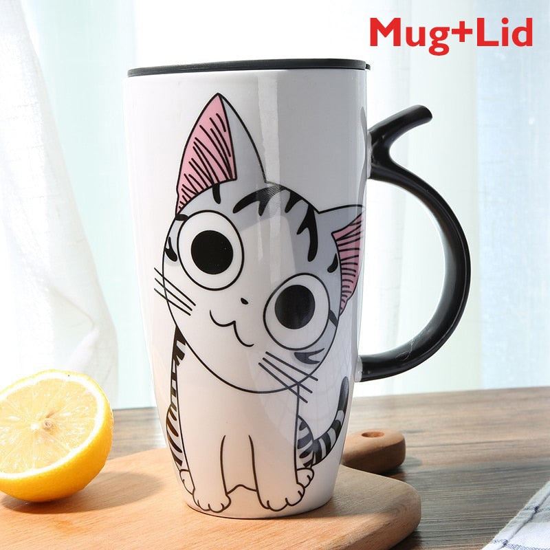 Taza de café de cerámica de gato bonito de 600ml con tapa, tazas de animales de gran capacidad, vasos creativos para beber, tazas de té y café, regalos novedosos, taza de leche