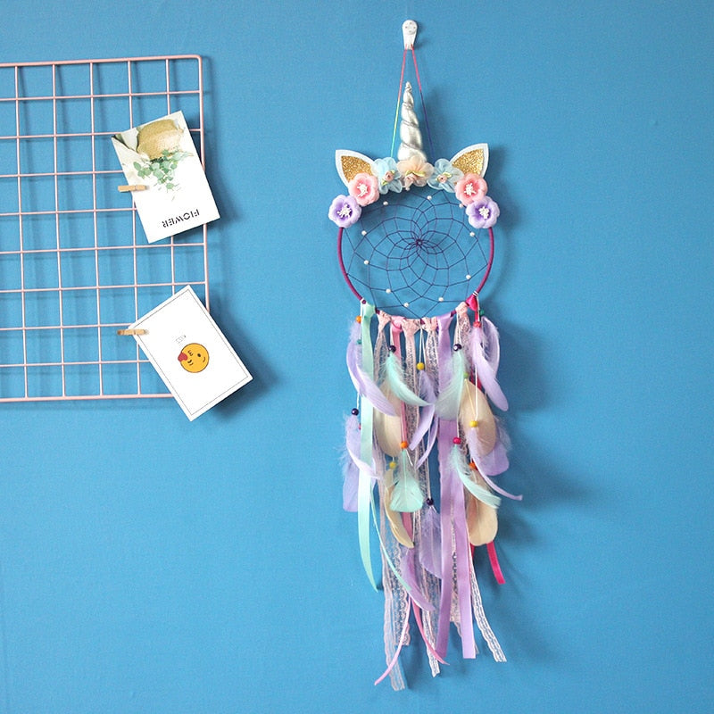 Traumfänger Kinder Einhorn Traumfänger Feder Wanddekoration für Mädchen Schlafzimmer Blume Wandbehang Dekoration Blume