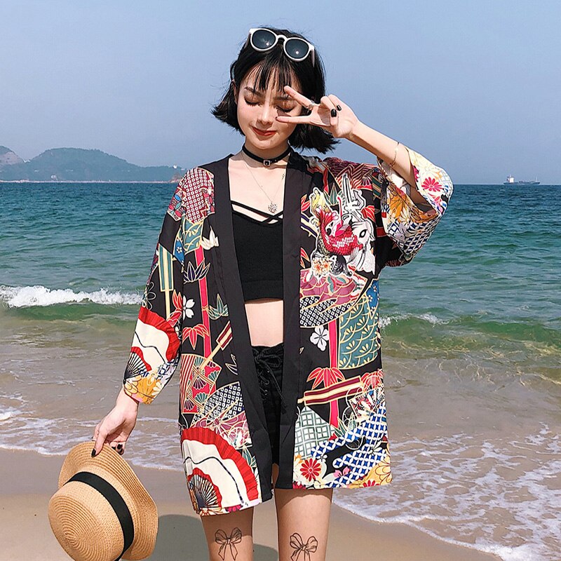 Yukata Women Kimono Cardigan Japan Kimonos Asia Clothes Summer Fish Print Shirt Top Casual Kimonos Kawaii Kimono Cosplay Costume