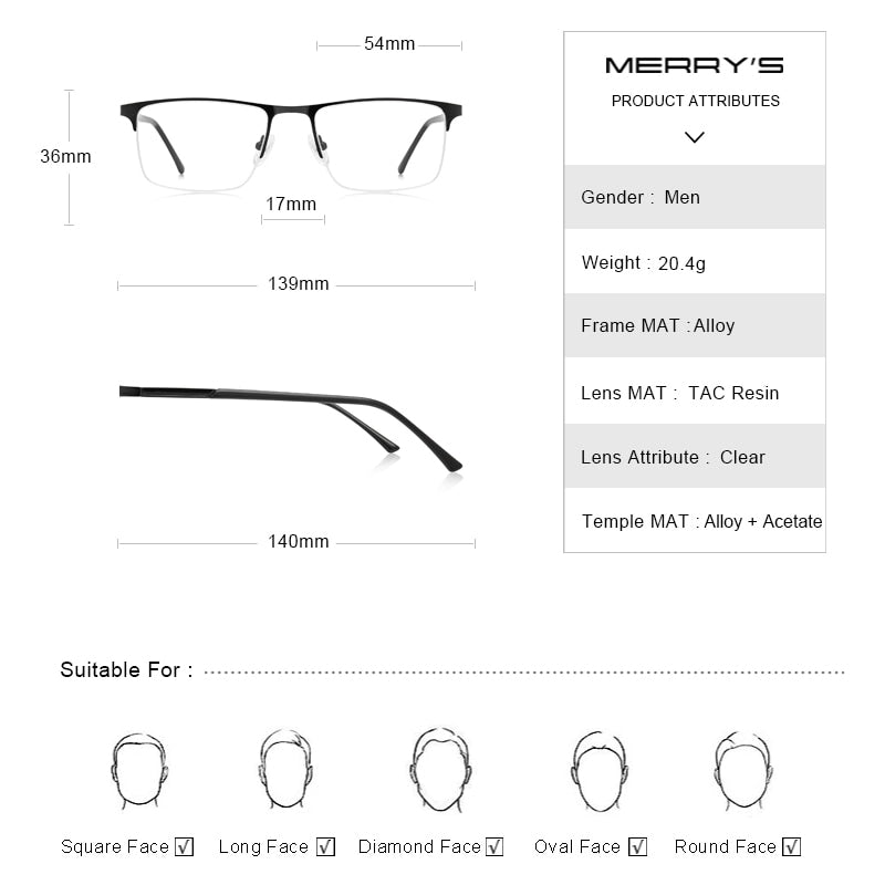 MERRYS DESIGN Men Alloy Glasses Frame Men Square Half Optical Ultralight Myopia Hyperopia Prescription Eyeglasses S2102