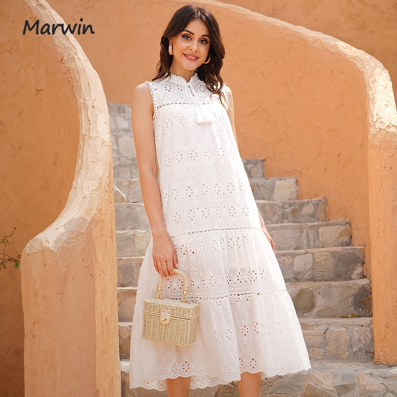 Marwin Long Simple Casual Solid Hollow Out Pure Cotton Holiday Style High Waist Fashion Mid-Calf Summer Dresses NEW Vestidos