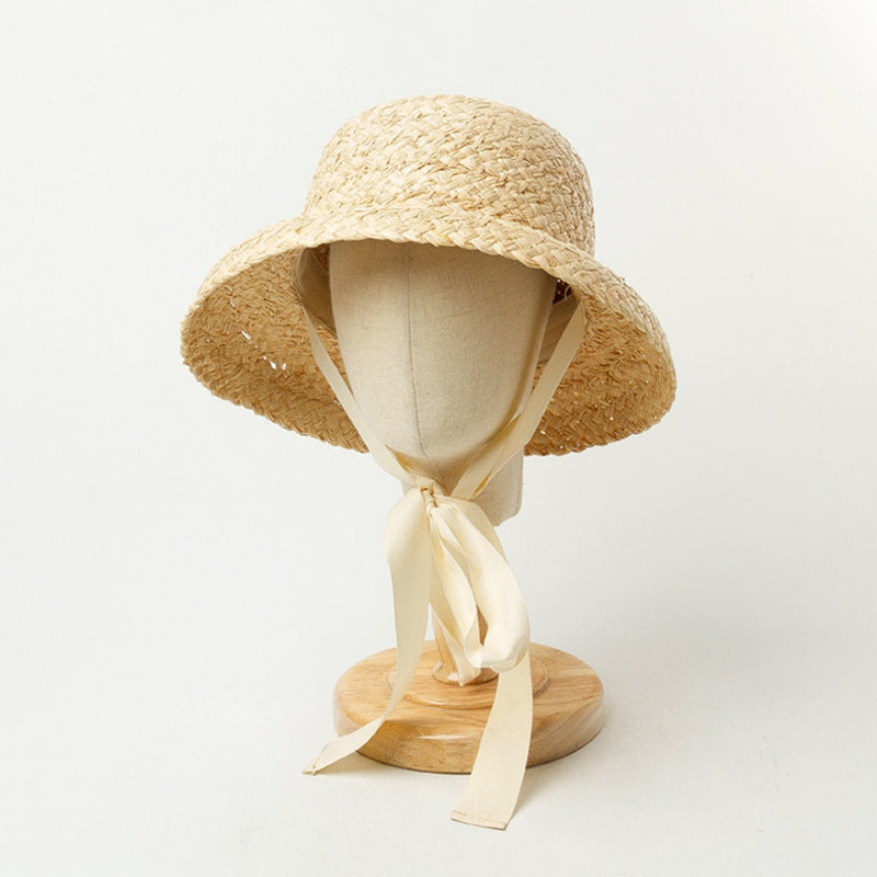 Hand-made Raffia Straw Hat For Kids Retro Flat Top Fold Down Brim Children&