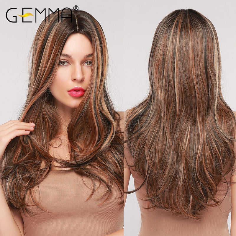 GEMMA Long Wavy Natural Middle Part Synthetic Wig Women Fake Hair Heat Resistant Black Brown Blonde Red Highlight Cosplay Wigs