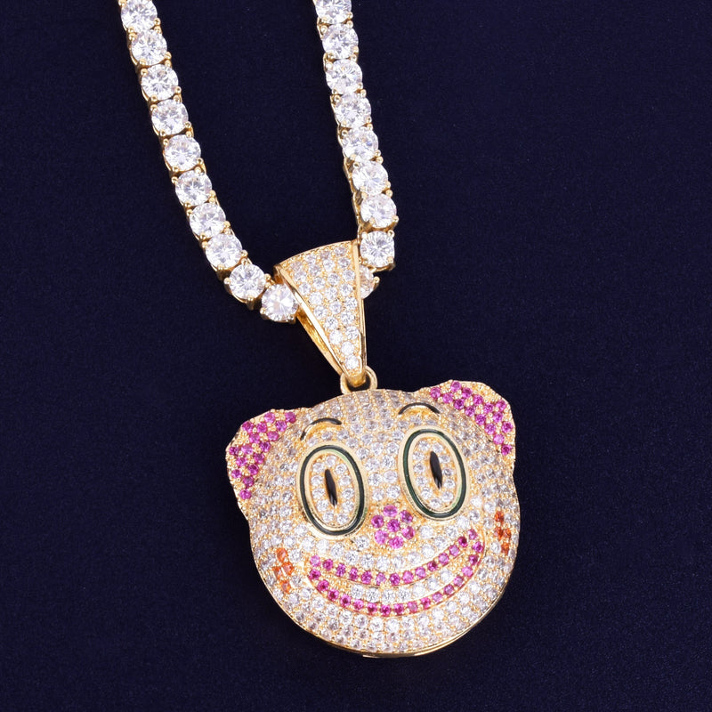 Clown Round Face Pendant Necklace Gold Color Charm Cubic Zircon Men&