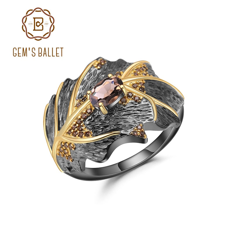 GEM'S BALLET 0.75Ct Cuarzo ahumado natural 925 Anillos hechos a mano de plata esterlina para mujeres Bijoux Georgia O'keeffe Anillo de hoja NUEVO