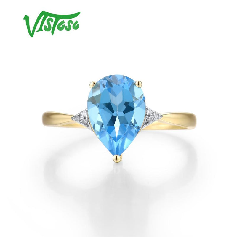 VISTOSO Pure14K 585 Yellow Gold Ring For Women Sparkling Diamond Limpid Blue Topaz Anniversary Classic Fine Jewelry