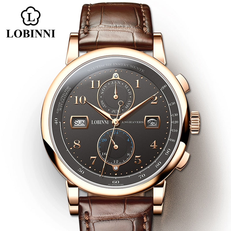 LOBINNI Business Watch Top Brand Luxury Fashion Man Leather Waterproof 50M Male Mechanical Wristwatch with Date Display Watches