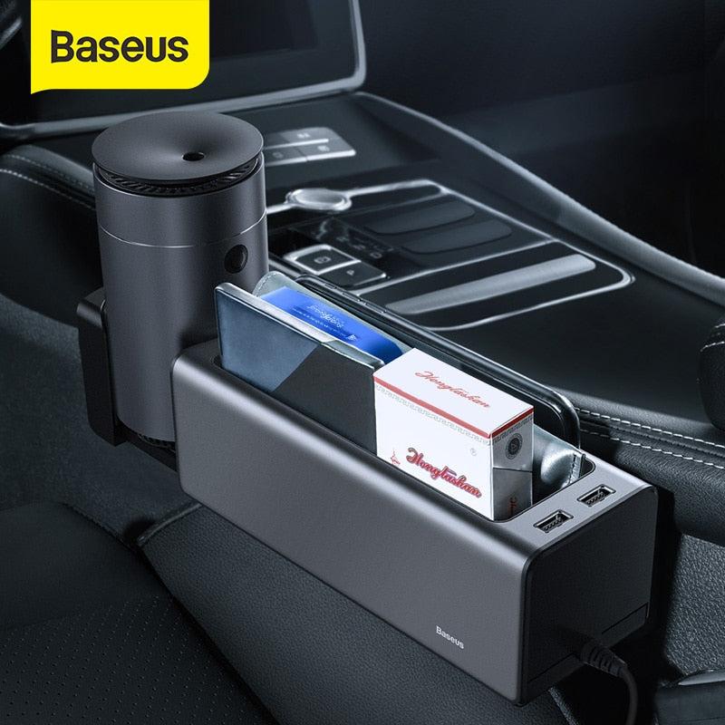 Organizador de asiento de coche Baseus, caja de almacenamiento para espacio de asiento, caja de almacenamiento con puertos USB duales para tarjetero, portavasos, accesorios para coche