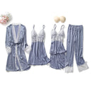 Black Sexy Women Robe Set Faux Silk Kimono Bathrobe Gown 5PCS Sleepwear Suit Hollow Out Lace Nightgown Home Wear Wedding Gift
