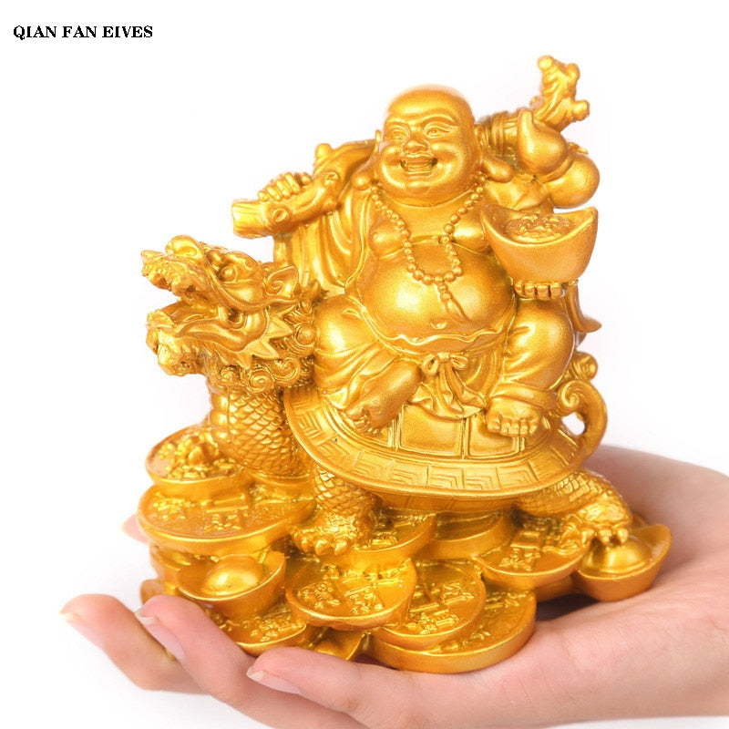 Resin God of Wealth Laughing Buddha Statue，Modern art sculpture，Chinese Home Feng Shui Dragon Turtle Decoration Figurines statue