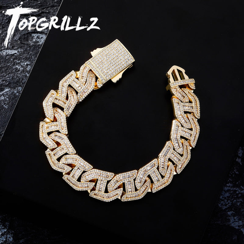 TOPGRILLZ Mens Bracelet 16mm Prong Baguette Curb Chain High Quality Iced Cubic Zirconia Hip Hop Rapper Luxury Jewelry Gift Party