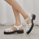 Sandalias de cuña con plataforma Meotina, zapatos de tacón medio de cuero auténtico, calzado femenino con correa en T y punta redonda, sandalias con hebilla, novedad de verano en negro