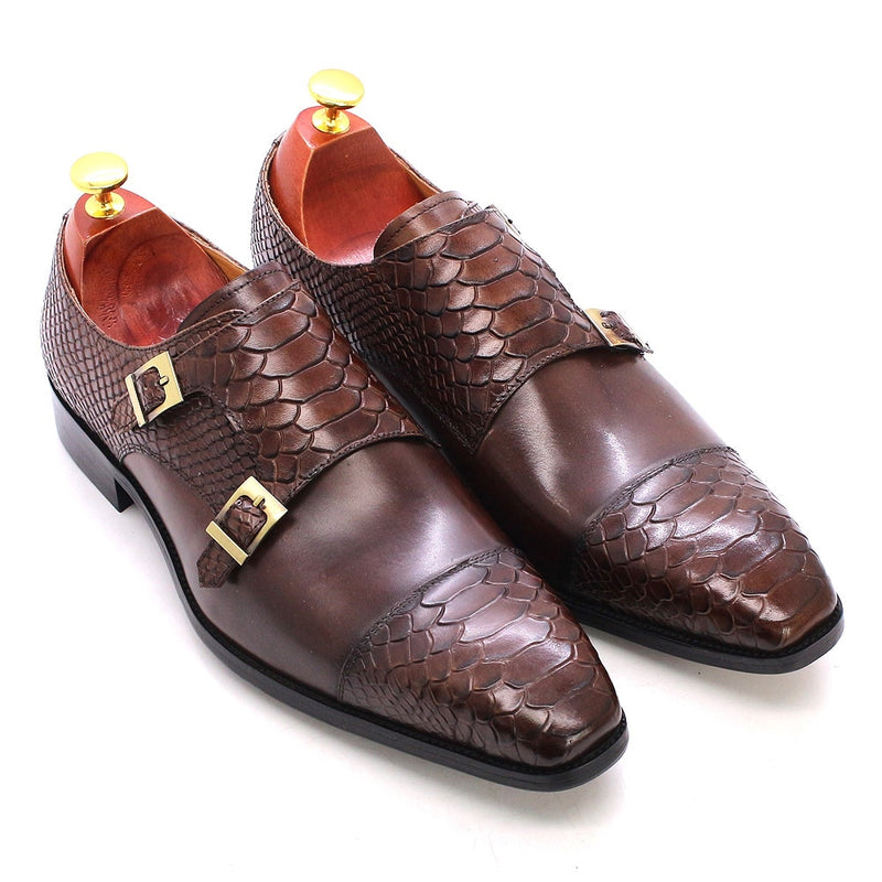 Size 47 Size 13 Mens Dress Shoes Genuine Leather Double Buckle Monk Strap Men Shoes Snake Print Cap Toe Classic Italian Shoes