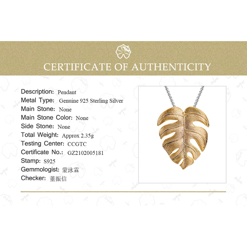 Lotus Fun Real 925 Sterling Silver Handmade Fine Jewelry 18K Gold Monstera Leaves Design Pendant without Necklace for Women Gift