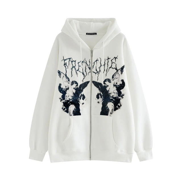 Hip Hop Streetwear Frauen Hoodies Goth Angel Dark Print Reißverschluss Jacke Mantel Harajuku Y2K Kapuzenoberteil Kleidung Männer Frauen Punk Outwear