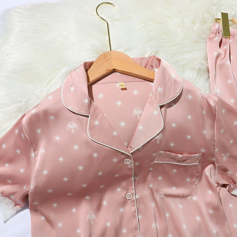 Lisacmvpnel Srping New Crown Print Mujer Pijamas Encaje Dulce Traje de manga corta Pijamas Verano Satén Gasa Tacto suave Ropa de dormir