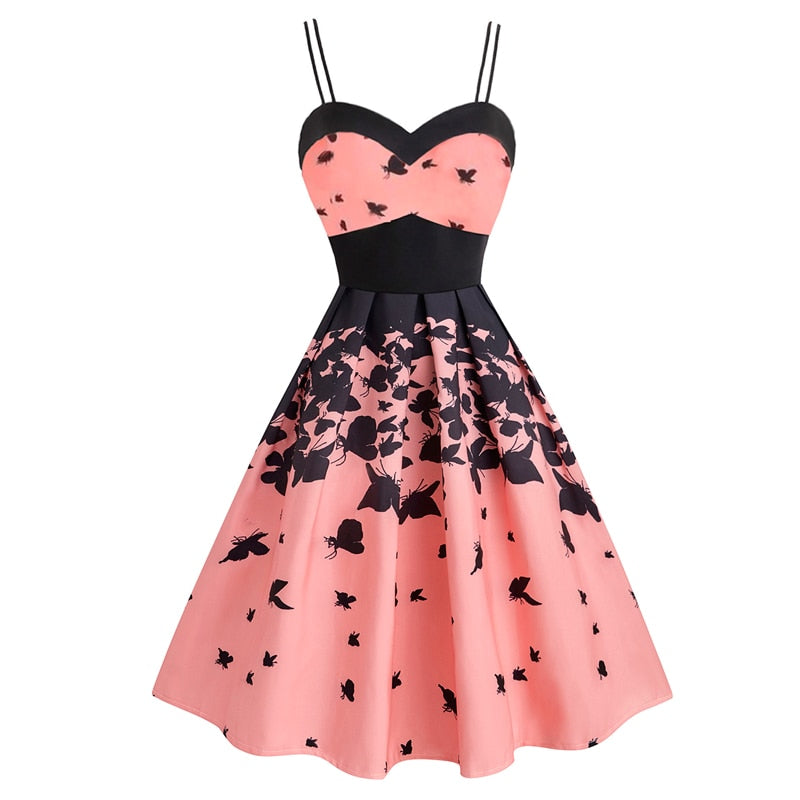 Tonval Pink 50S Vintage Butterfly Print Elegant Party Pleated Summer Dress Women Double Strap Fit and Flare High Waist Dresses