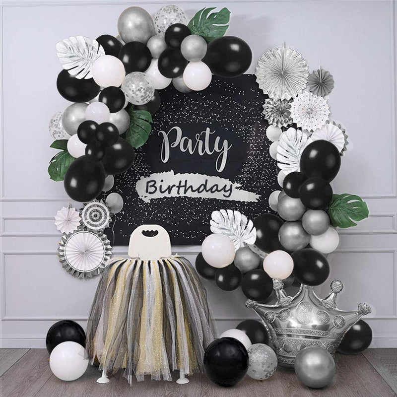 Balloons Garland Arch Kit, 100 PCS Birthday decoration Set with Silver Metallic,White,Black and Confetti Balloons Plus Silver Pa