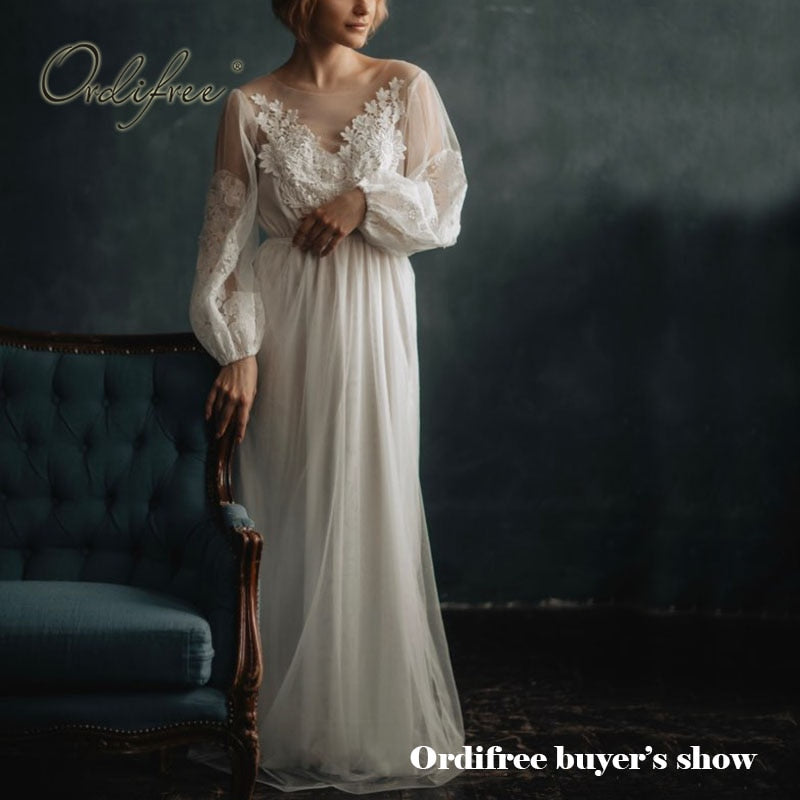 Ordifree 2021 Summer Women Long Tulle Dress Long Sleeve Embroidery Wedding Vocation Sexy White Lace Maxi Tunic Beach Dress