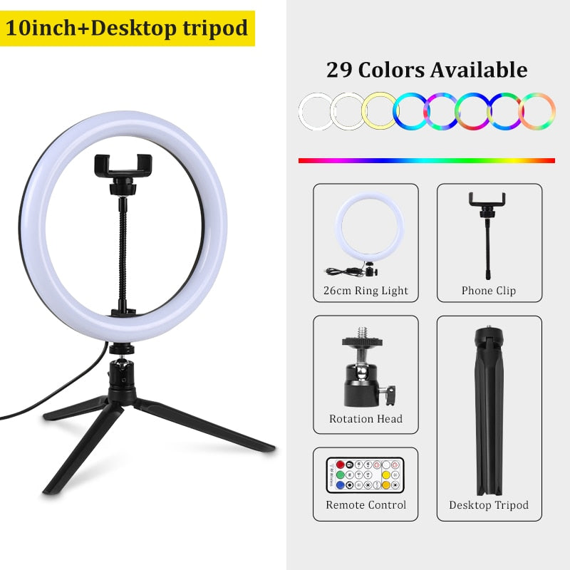 RGB Led Ring Light With Stand colorful Lighting 29 Colorlight,3 Normal Modes Dimmable Selfie 10inch Ring Light For Youtube Video