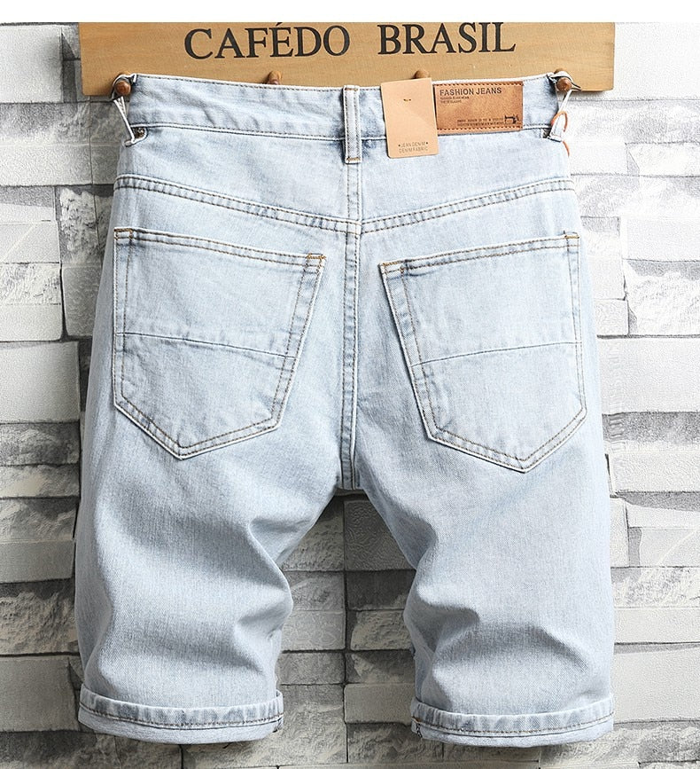 New Summer Men Holes Denim Shorts Light Blue Short Jeans Good Quality Men Knee Length Jeans Shorts Large Size Straight Jeans