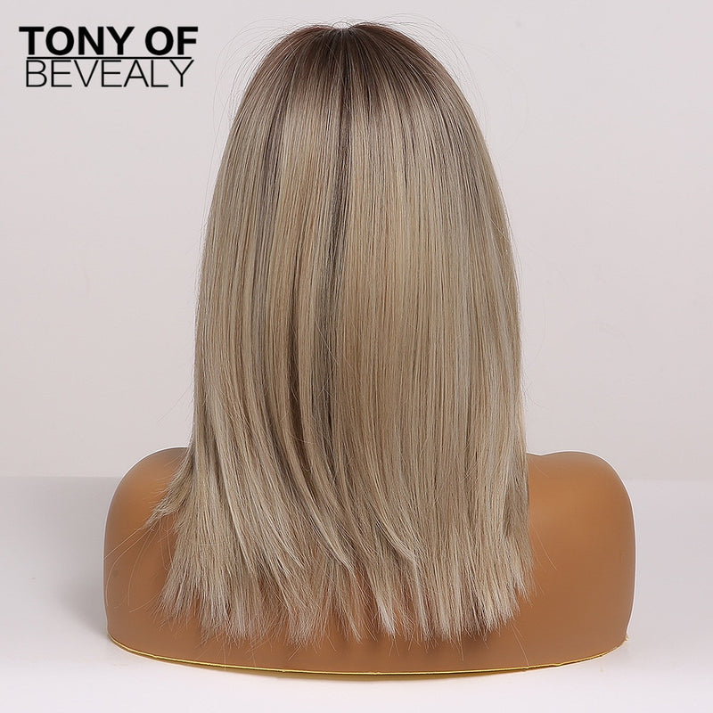Pelucas de pelo liso de color marrón degradado a rubio de longitud media con flequillo, pelucas sintéticas para mujeres, pelucas naturales resistentes al calor para Cosplay