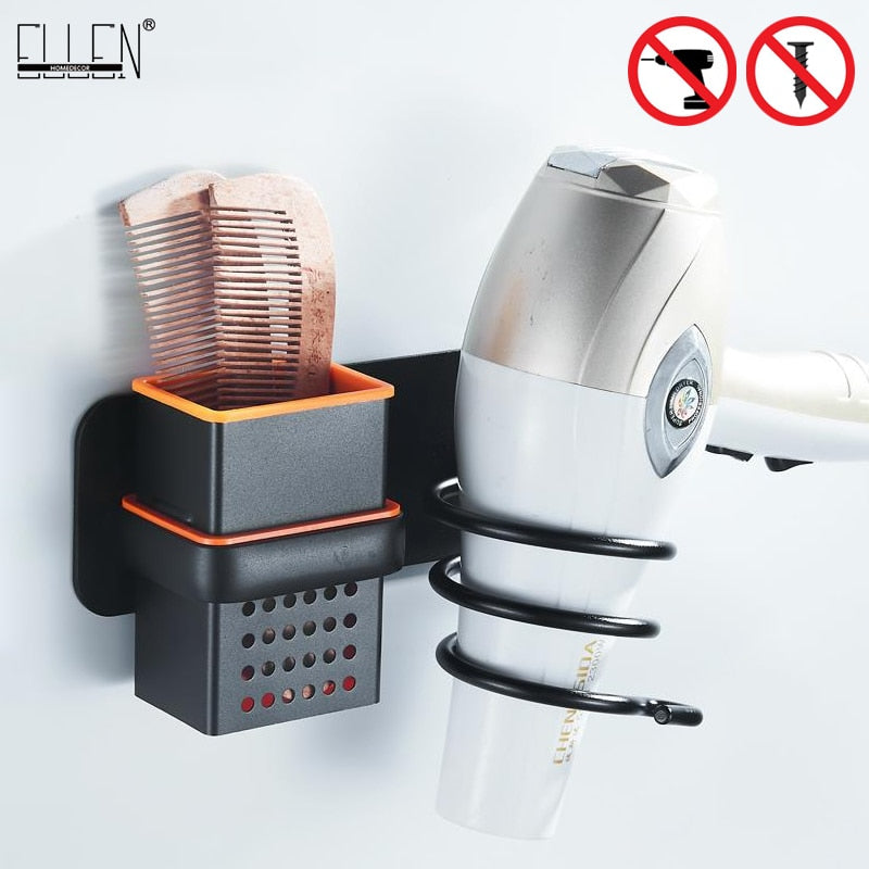 Hair Dryer Holder With Cup Households Wall Mount Bathroom Accessories Hair Dryer Shelf Metal Black Hair Dryer Rack EL190