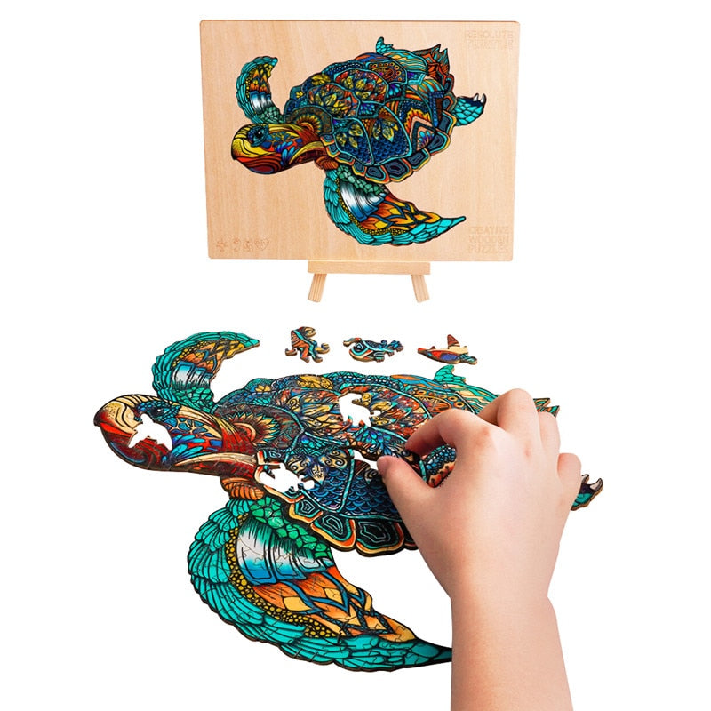 Animal Wooden Puzzle For Adults Kids Turtle Wooden Jigsaw Puzzle Board Set 3D Puzzle Toys For Children DIY Educational Game Gift