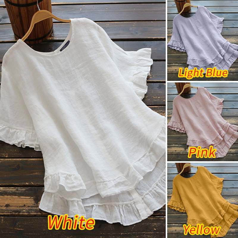 Fashion Women's Cotton Blouse Ruffle Shirts ZANZEA 2022 Causal Short Sleeve Solid Female Asymmetrical Tunic Tops Blusas Oversize