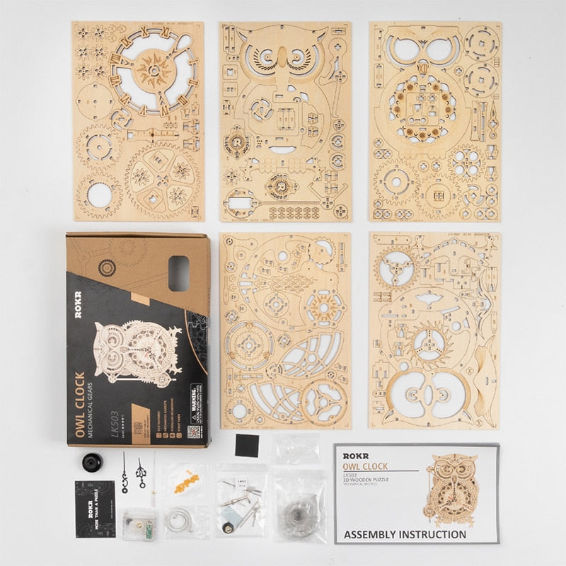 Robotime ROKR 3D rompecabezas de madera búho reloj modelo Kit de construcción juguetes para niños niños LK503