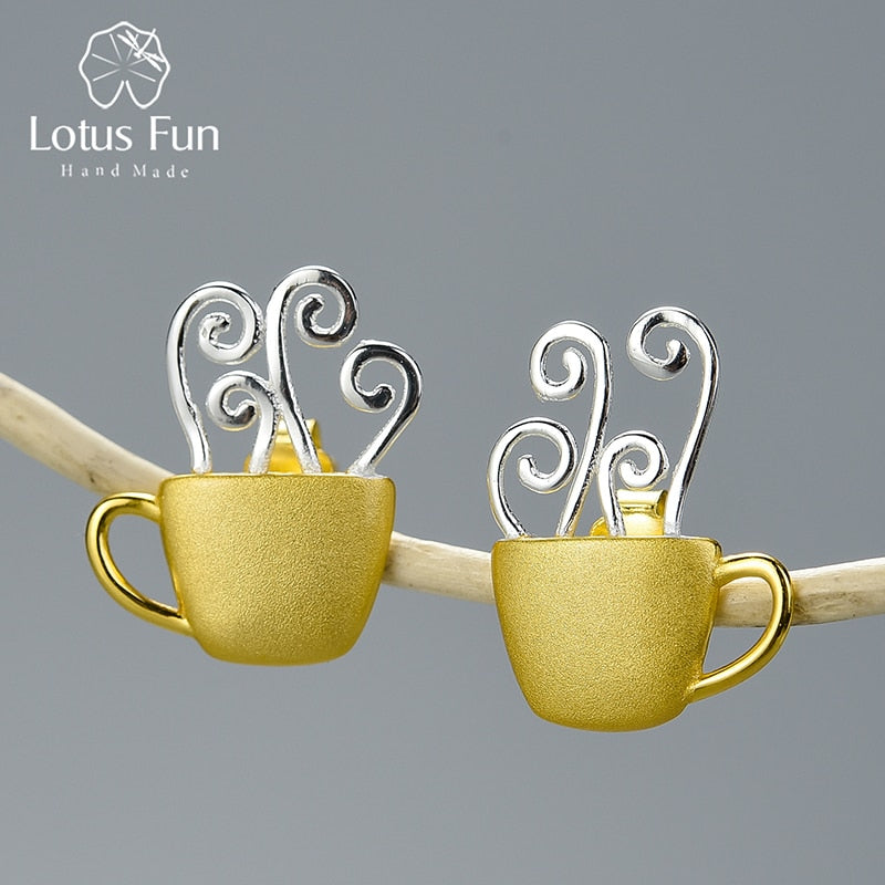 Pendientes Lotus Fun de plata de ley 925 auténtica, joyería fina hecha a mano Original, pendientes de tuerca a la moda con taza de café caliente para regalo de mujer