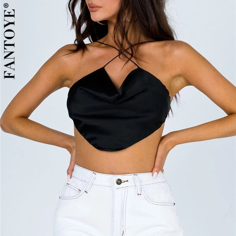 FANTOYE Stain Sexy Bandage Irregular Camis For Women Summer Backless Black Skinny Crop Tops Casual New Solid Nightclub Tank Tops