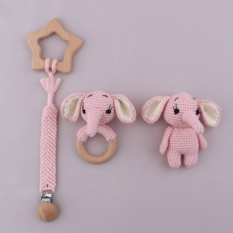 Baby Silicone Teether Wooden Rattle Toys Double Side Cotton Bibs Sleeping Dolls Soothe Appease Towel Newborn Nurse Accessories