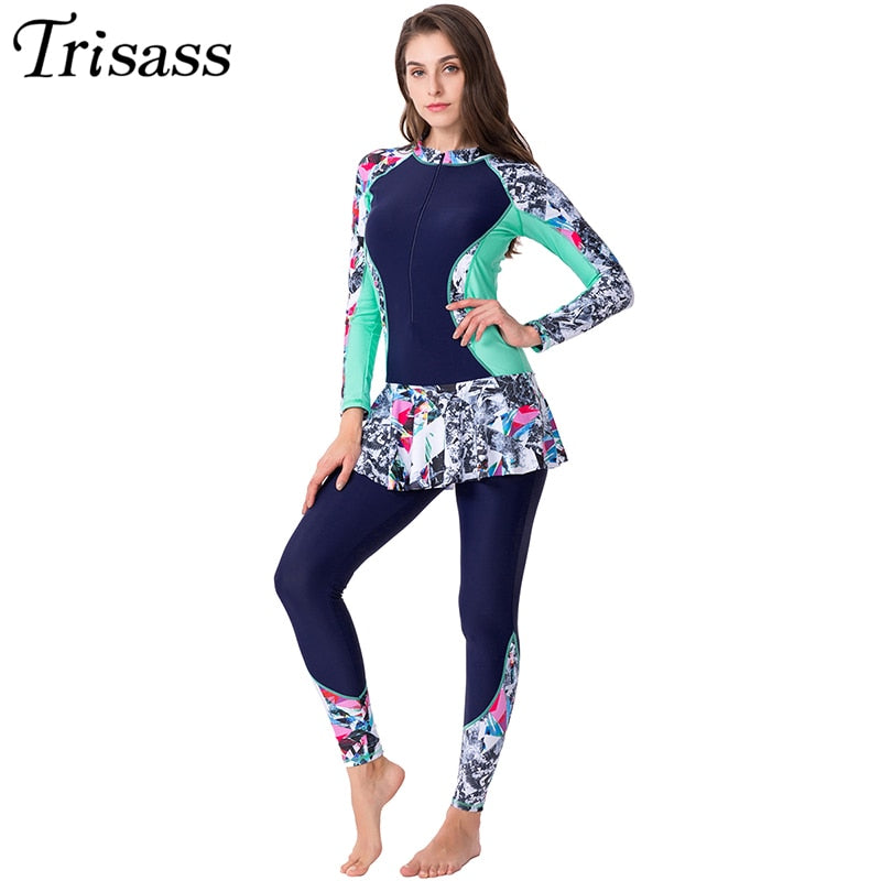 Trisass 2021 New Women One Piece Skirt Swimsuit Sports Bathing suit Plus Size Swimwear Print Long Sleeve Pants Zipper Surf suit